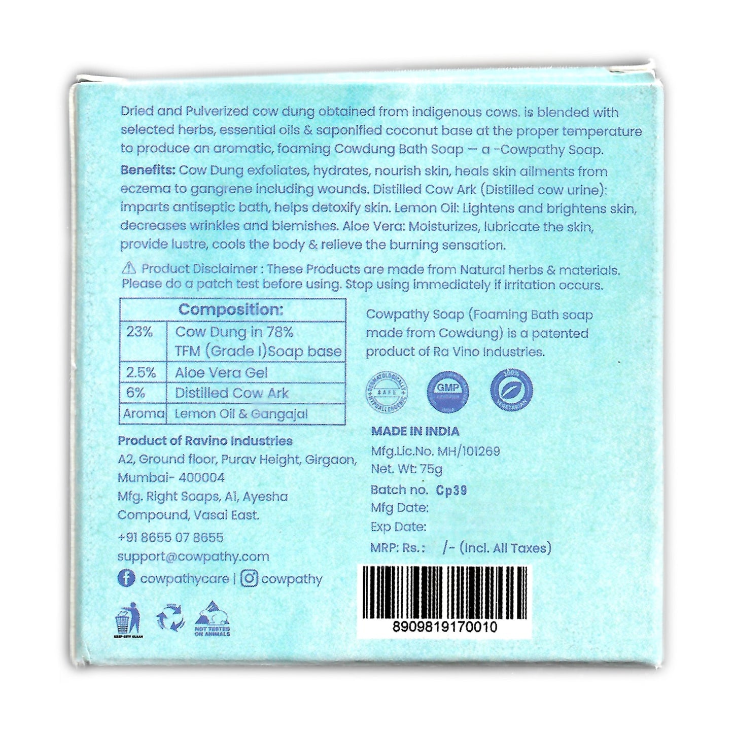 Cowpathy Cow Dung Lemonade Aloe Vera Soap 75 GM