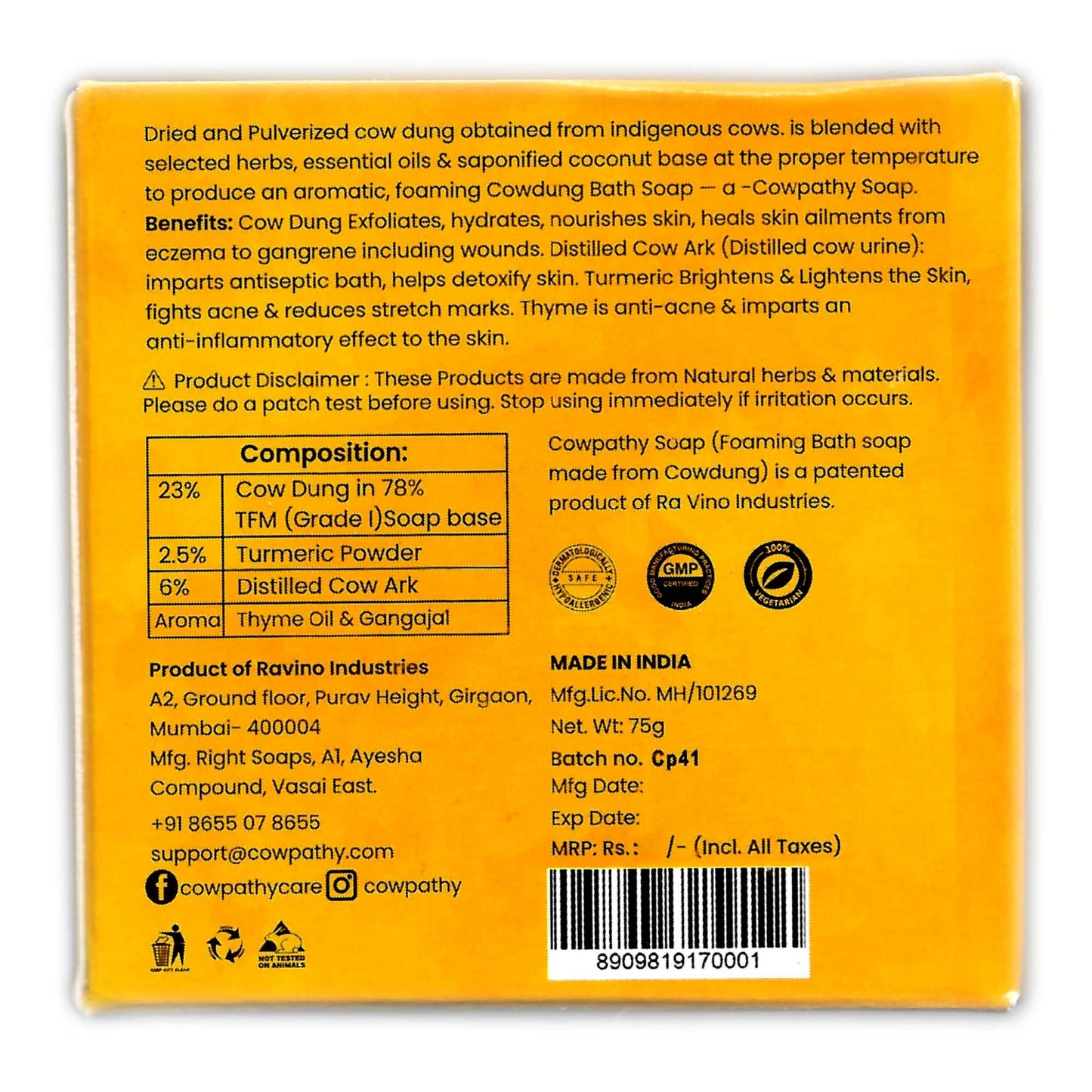 Cowpathy cow dung thyme turmeric soap 75g packaging ayurvedic herbal bar