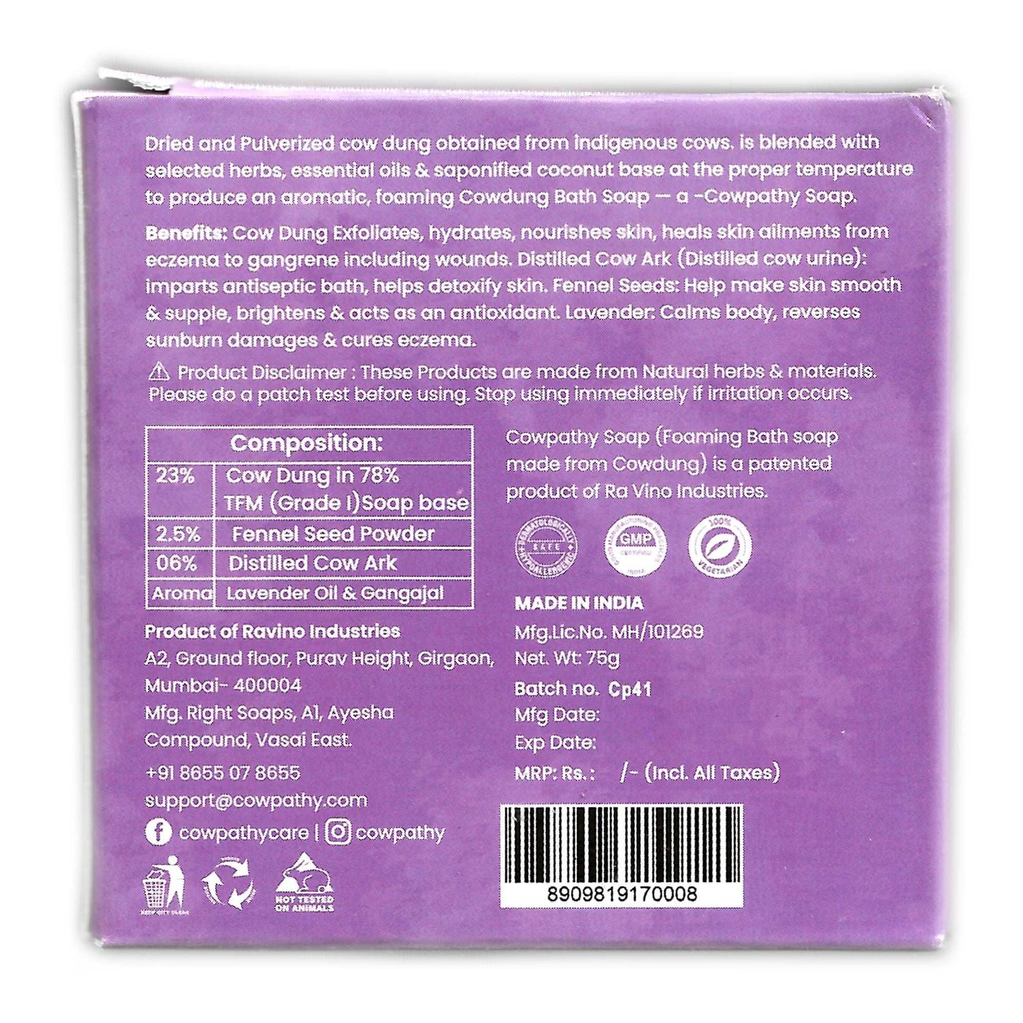 Cowpathy Panchagavya Fennel and Lavender Soap 75g packaging – Ayurvedic herbal bathing bar